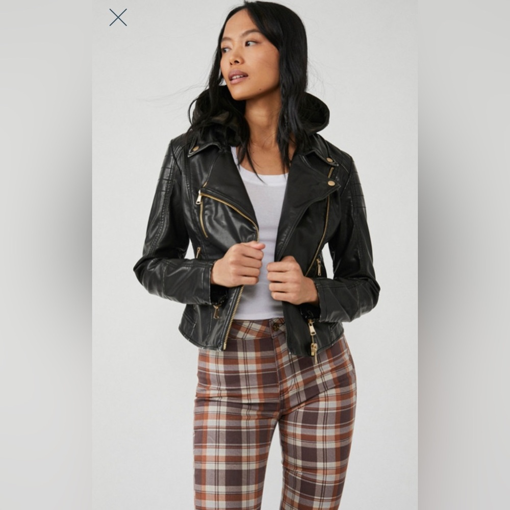 Harriett Vegan Black Leather Jacket Free People We The Free Zip Up Hooded